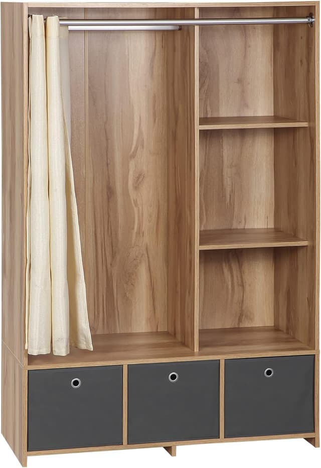 Detalle de HOMCOM Armoire penderie avec rideau gris, 3 compartiments et 3 tiroirs en tissu