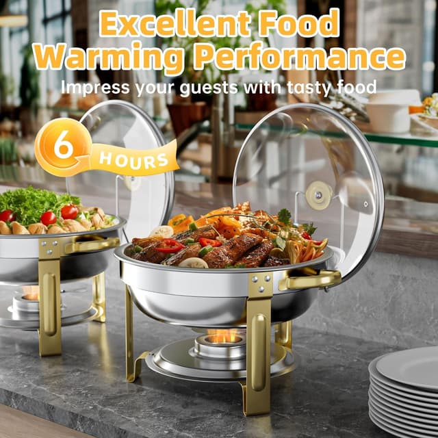 Detalle 1 de GGIU 5-Quart Round Chafing Dish Buffet Set with Lids (Pre-Installed) for Catering