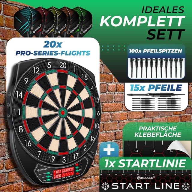Detalle de KESSER Elektronische Dartscheibe Profi Set – E Dartboard mit 15 Pfeilen, LED-Anzeige & Komplett-Zubehör