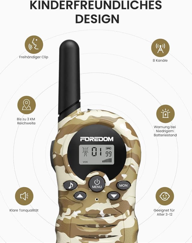 Detalle de FOREDOM Walkie-Talkies für Kinder (2er-Set) mit 8 Kanälen, bis zu 3 km Reichweite – ab 3 Jahren