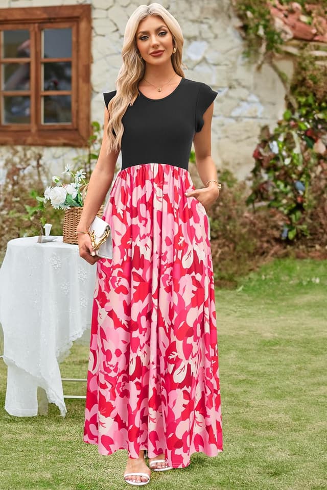 Detalle 2 de OUGES Sommerkleid Damen Lang mit Rüschen, Maxikleid mit Taschen
