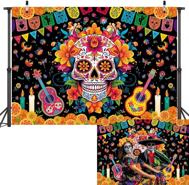 Detalle 1 de Day of The Dead Backdrop Banner 7x5ft photography backdrop 🎭