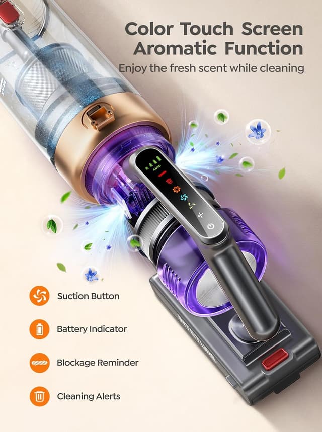 Detalle de INTETURE cordless stick vacuum cleaner with touch screen, 600W and up to 65 mins runtime