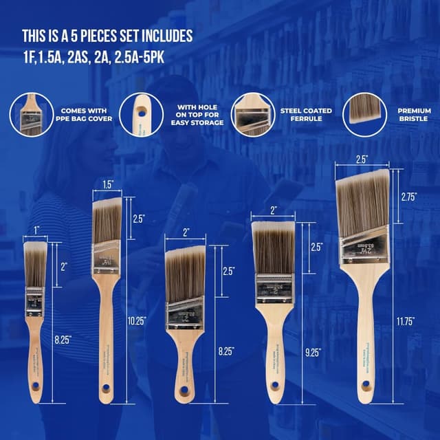 Detalle de Pro Grade Paint Brushes 5-Piece Flat & Angle Brush Set for Walls, Trim, Cabinets