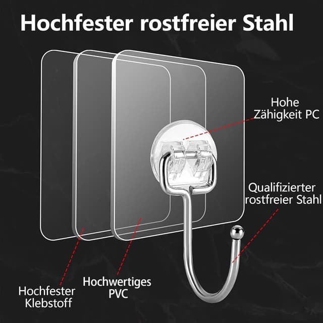 Detalle 2 de Latoxcaa große Klebehaken „Extra Stark“ (20 kg max) – transparent, ablösbar, 10 Stück für Bad und Küche
