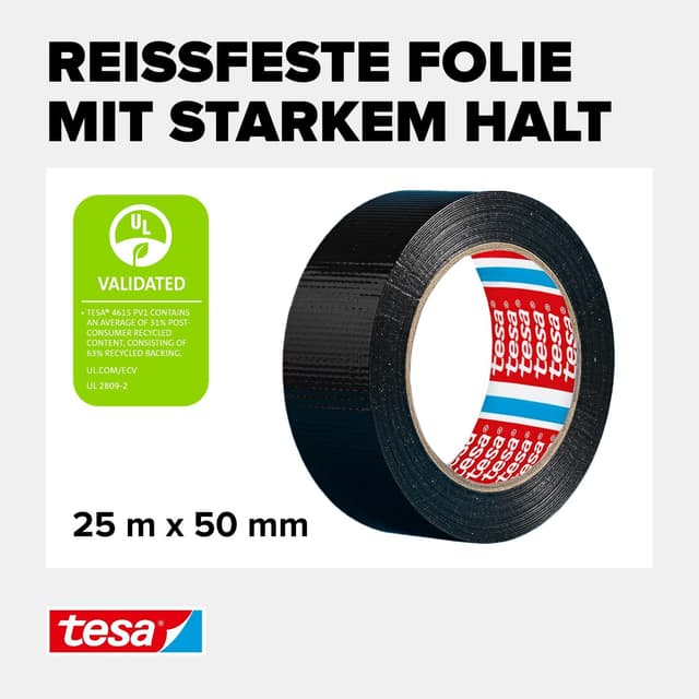 Detalle de tesa extra Power Universal Gewebeband (schwarz) – gewebeverstärktes Ductape zum Reparieren, Befestigen & Abdichten, 25 m x 50 mm