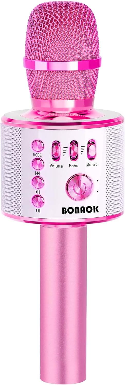 Detalle de BONAOK Karaoke-Mikrofon 3-in-1: kabelloses Bluetooth-Mikrofon mit Lautsprecher (Hellrosa)