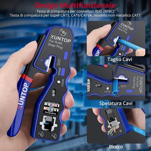 Detalle de XUNTOP Pinza crimpatrice RJ45 pass-through con 20 connettori Cat6 dorati e accessori