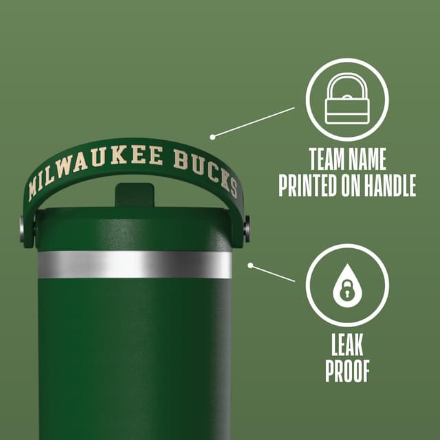 Detalle 2 de Hydrapeak x NBA 32 oz Stainless Steel Tumbler (Milwaukee Bucks) with Straw, Lid & Handle