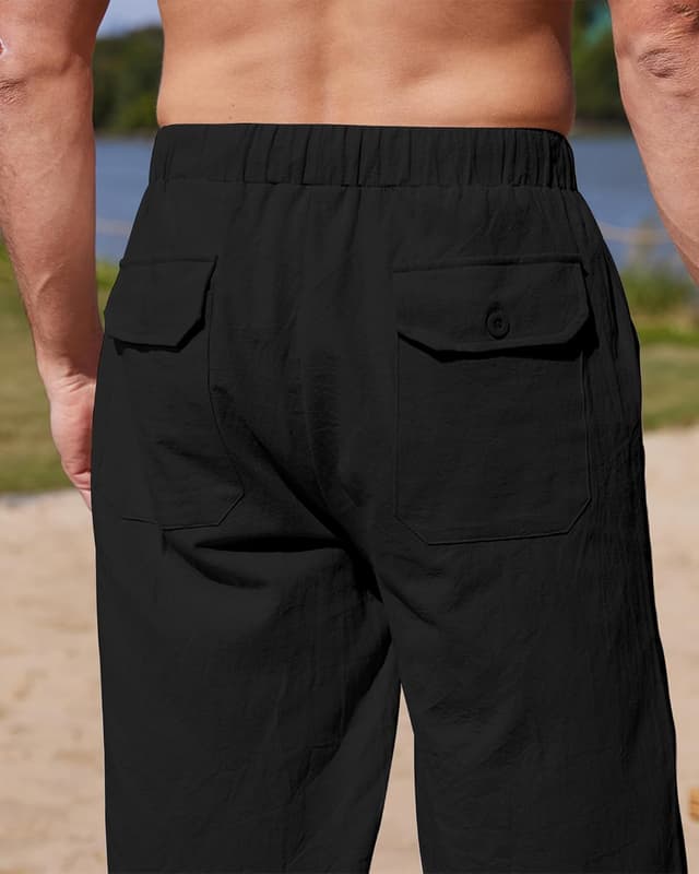 Detalle de YAOHUOLE Men’s Linen Trousers – Lightweight straight-leg yoga style with elasticated waist