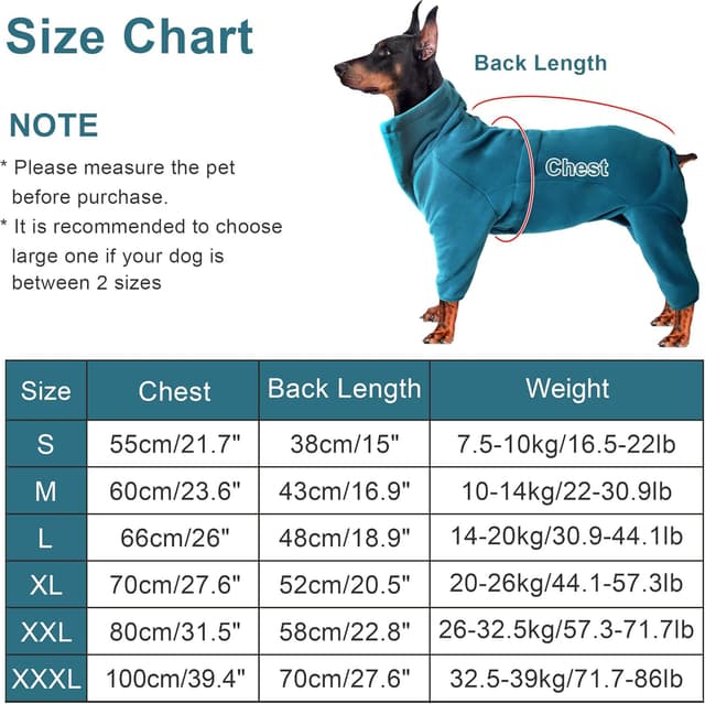 Detalle de Leberna Cosy Fleece Dog Coat (Full Body Jacket) – Adjustable Zip Jumpsuit in Turquoise, XL