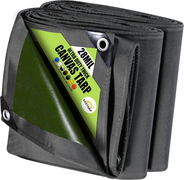 Detalle de Eastarp 10x12 FT Black Ultra-Heavy Duty Canvas Tarp (28 Mil Silicone Coating) with Grommets