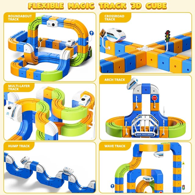 Detalle de Hzitcigm Eisenbahn Elektrisch Cube Track – 225-teiliges Zugset mit 2 Zügen, 80 Schienen und 3D-Strecken für Kinder ab 3–8