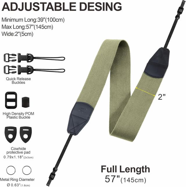 Detalle de Padwa Lifestyle Light Green Camera Strap (2-inch wide) – cowhide head cotton-woven vintage-style strap for photographers