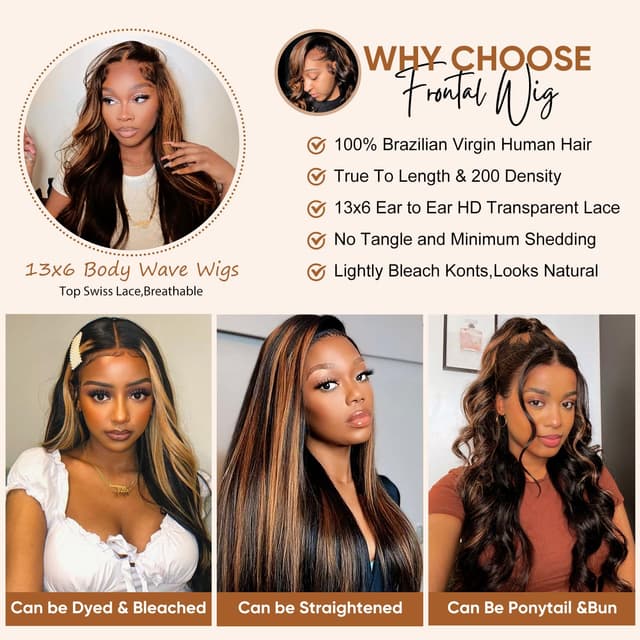 Detalle de Afribye 30-inch 13x6 Highlight Body Wave Lace Front Wig (Human Hair, Pre-plucked, Ombre, HD Lace, Glueless)