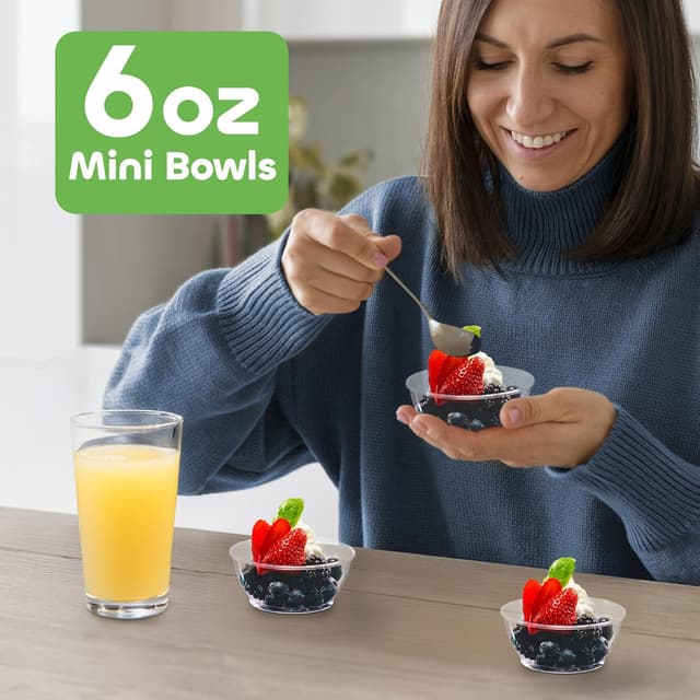 Detalle 2 de JoyServe Clear Mini Plastic Bowls (Bulk 100 Pack) — 6 oz Disposable Dessert & Serving Bowls