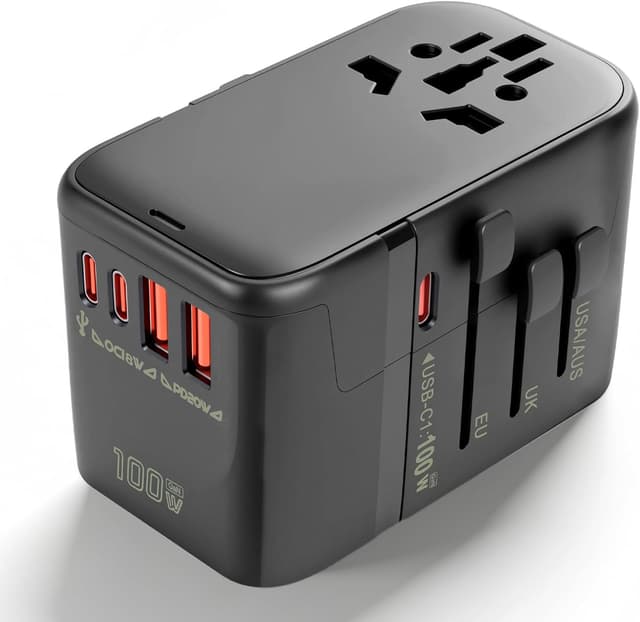 Detalle de Reiseadapter Weltweit 100W – 5-in-1 Universal GaN Reisestecker mit 3×USB‑C & 2×USB‑A für EU/UK/US/AU