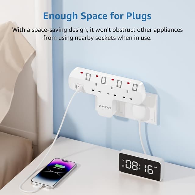 Thumbnail 2 de Rotatable UK Plug Extension Socket 3 Way