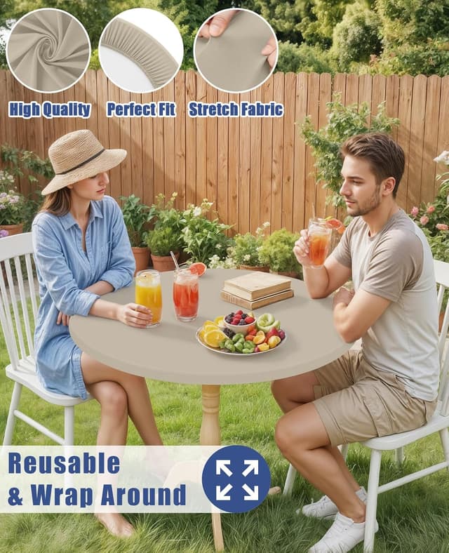 Detalle de Moosfor Round Spandex Tablecloth (Taupe) — Elastic Fitted Waterproof Cover for 45"–56" Tables