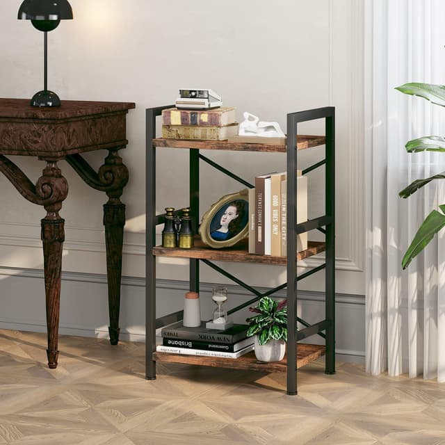 Detalle 2 de Homeiju 3-Tier Industrial Metal Bookshelf (Rustic Brown) — Compact etagere for home office, bedroom, and living room