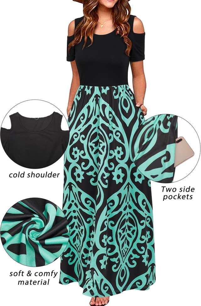 Detalle de STYLEWORD Robe longue d’été pour femme à manches courtes et motif floral, avec poches