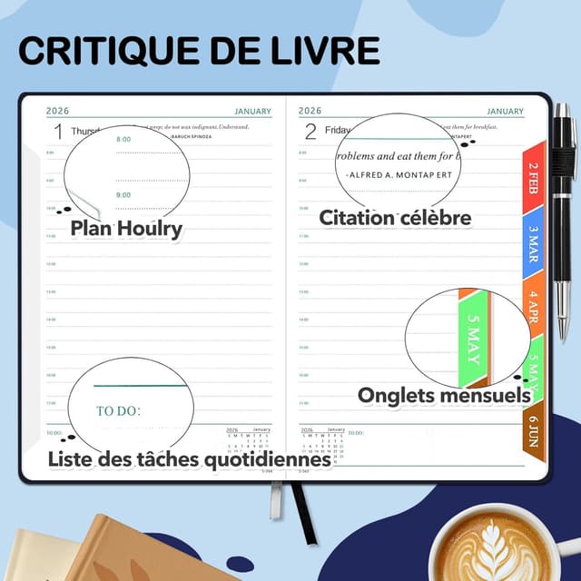 Detalle de Pcuntslo Agenda 2026 semainier A5 (janvier à décembre 2026) – 200 feuilles/400 pages, bloc note journalier