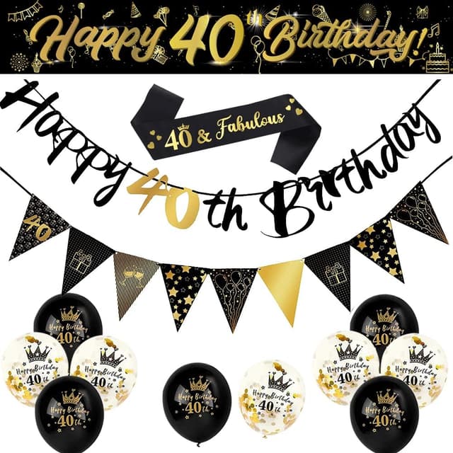 Detalle de 14-Piece 40th Happy Birthday Decorations Kit with 9ft Banner, Triangle Flags, Confetti Balloons