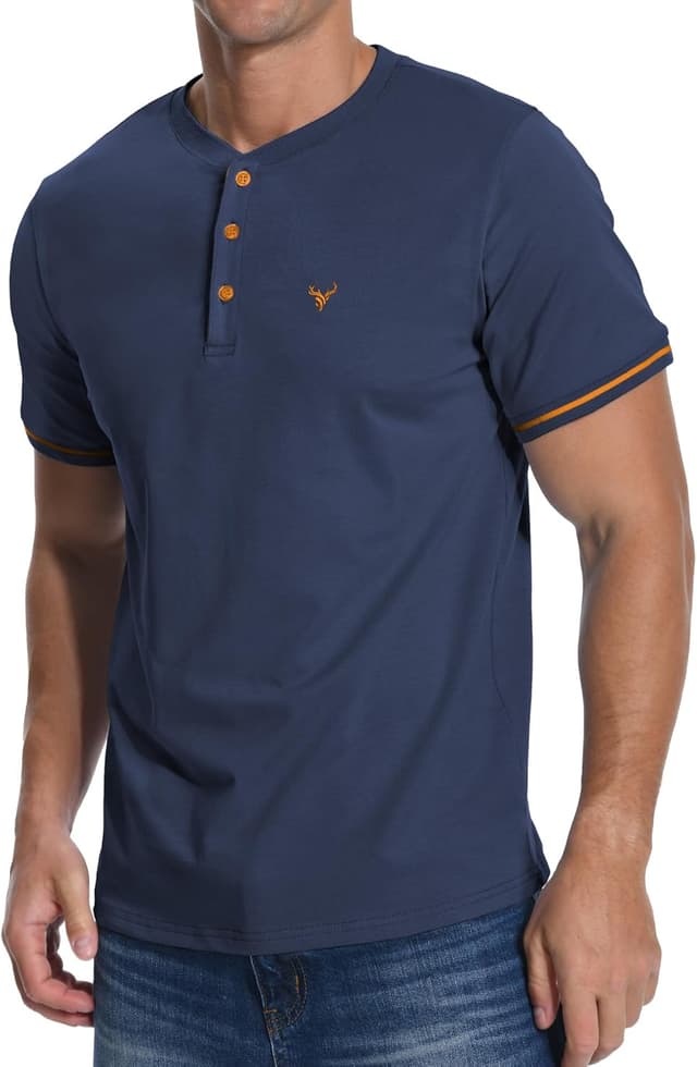 Detalle de KUYIGO Men’s Embroidered Henley Short Sleeve T-Shirt with Button Placket