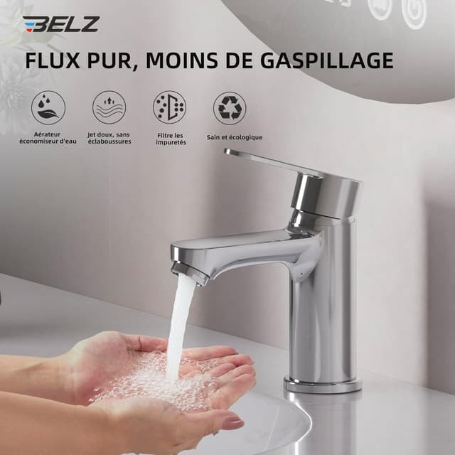 Detalle de Mitigeur de lavabo BELZ monocommande chromé, bec hauteur 78 mm (raccord G 3/8)