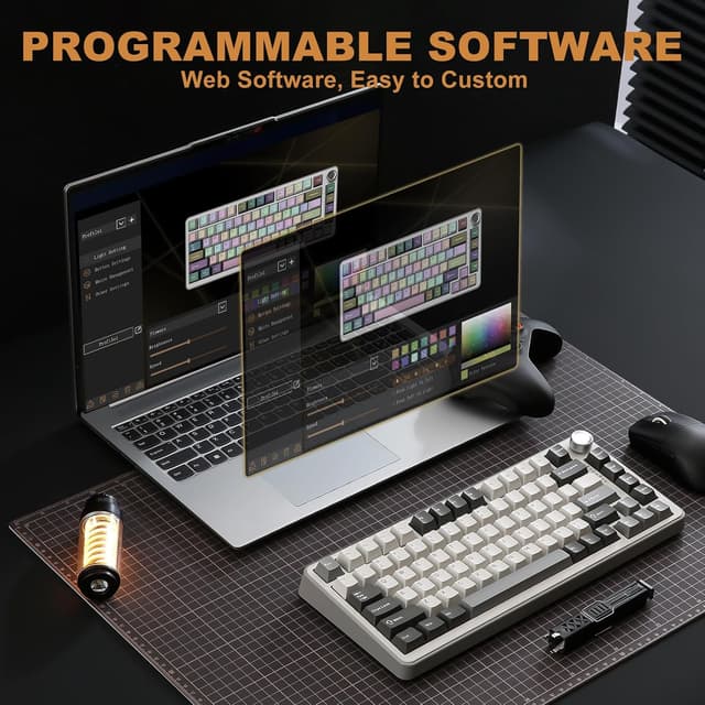 Detalle 2 de YUNZII B75 PRO 75% kabellose mechanische Tastatur mit Drehknopf (BT/2.4G/Type-C), Hot Swap, QWERTY (Cocoa Cream V2, grau)