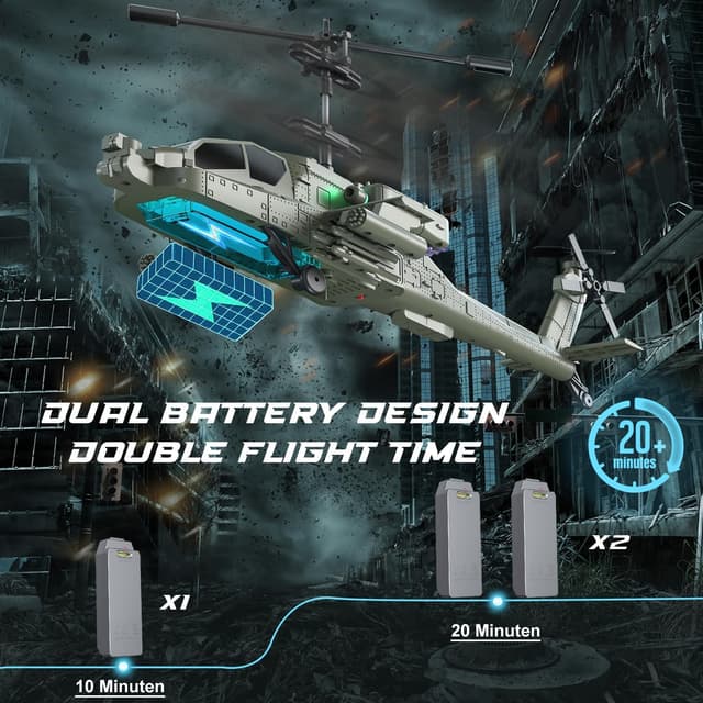 Detalle de VATOS Ferngesteuerte Helikopter „Military Serie“ (2,4G RC) mit 2 Akkus, LED-Licht und Höhenhaltefunktion