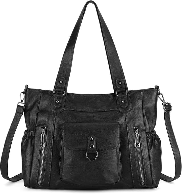 Detalle de BAIGIO Grand sac à main femme en cuir PU vintage avec bandoulière réglable et multi-poches (noir)