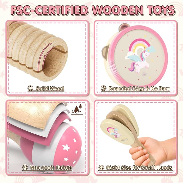 Detalle 2 de Lehoo Castle Kids toddler wooden musical instruments set (18M+) – xylophone, maraca, tambourine, more