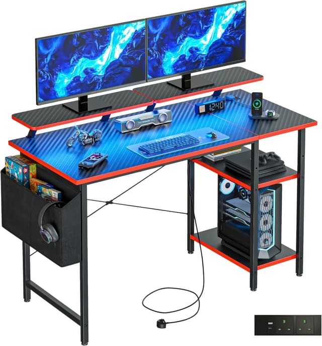 Detalle de DOMSHOCT gaming desk with LED lights, power outlets and reversible layout (100×50cm, carbon fibre black)