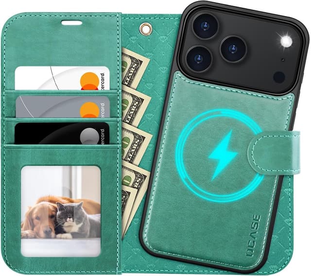 Detalle de OCASE Handyhülle für iPhone 17 Pro (6,3 Zoll) – abnehmbares 2-in-1 Magnet-Cover mit Klapphülle, Kartenfach und RFID, Grün