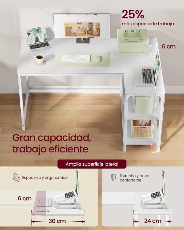 Detalle 2 de VASAGLE Scrivania Angolare a L LWD136WF01 bianco acciaio, 120 x 80 cm con scaffale reversibile e ripiano regolabile