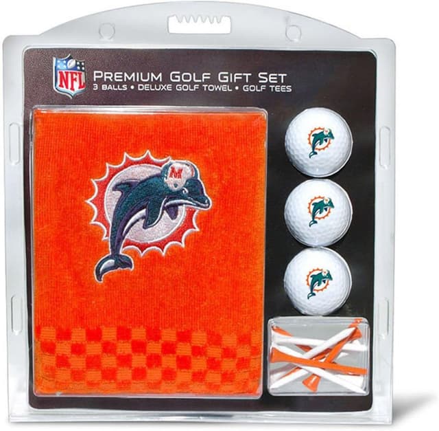 Detalle de Team Golf NFL Miami Dolphins Gift Set with Embroidered Cotton Towel, 3 Imprinted Balls, and 2-3/4" Tees