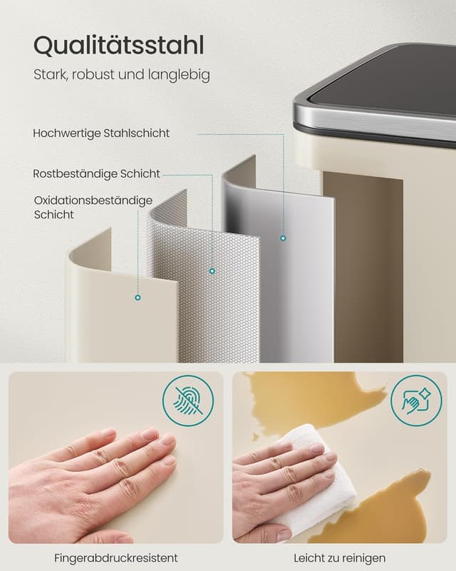Detalle 2 de SONGMICS Mülleimer 50 L LTB595A02 aus Stahl – mit herausnehmbaren Inneneimer, Deckel & Soft-Close