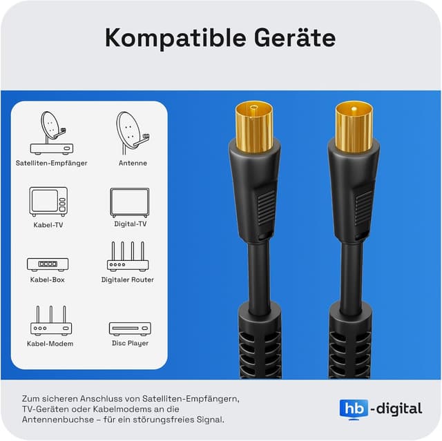 Detalle 2 de HB-DIGITAL TV-Antennenkabel 20 m – Koaxialkabel für UHD/4K/8K mit Mantelstromfilter und vergoldeten Steckern