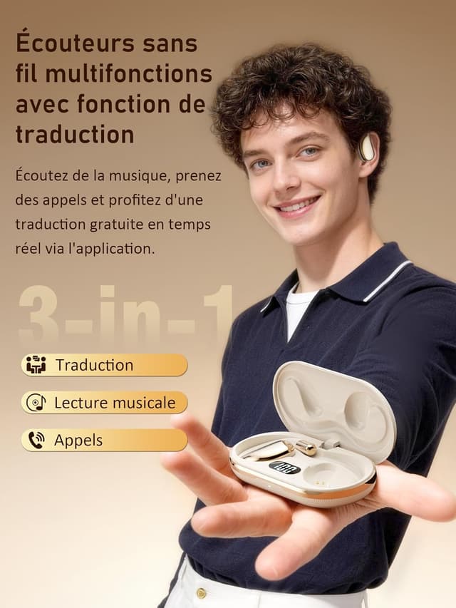 Detalle de AI Ecouteur traducteur instantané vocal Bluetooth 6.0 Open-Ear – 156 langues, modes 3-en-1 (musique, appels, traduction)