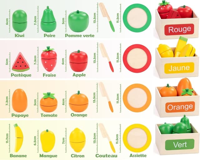 Detalle de Feetique Jeu Montessori en bois fruits à découper (2 à 7 ans) – Dinette enfant avec 24 pièces pour apprendre les couleurs
