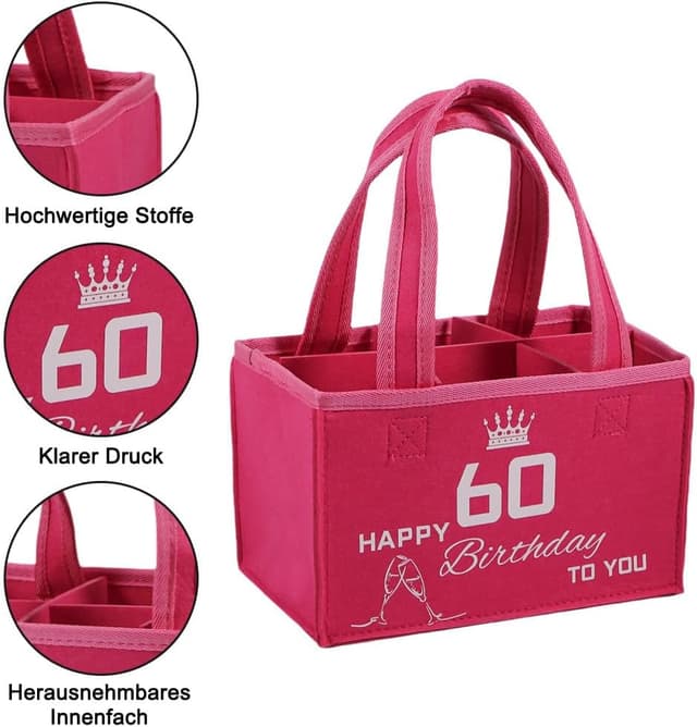 Detalle de Flaschentasche zum 60. Geburtstag Frau – lustige Filztasche für bis zu 6 Champagnerflaschen (24 x 15 x 15 cm)