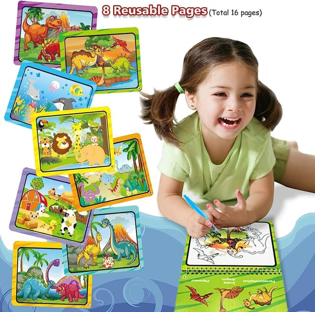 Detalle de hapray 2-Pack Magic Water Colouring Books for Toddlers (Dinosaur & Animal) — reusable mess-free doodle pads