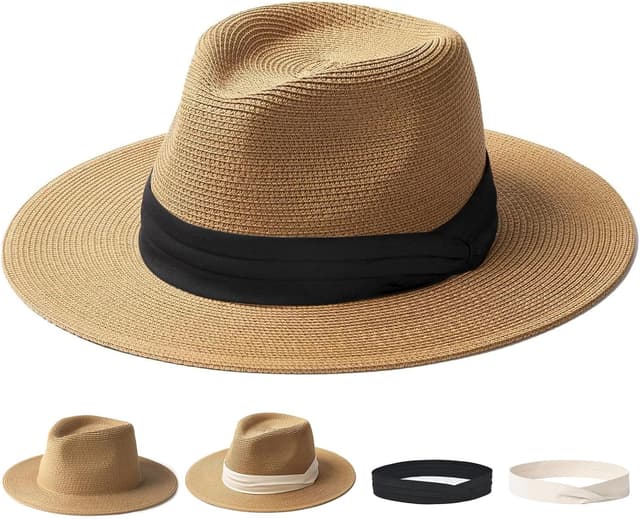 Detalle de FURTALK Wide Brim Panama Hat Fedora Straw Sun Hat (UPF 80+)