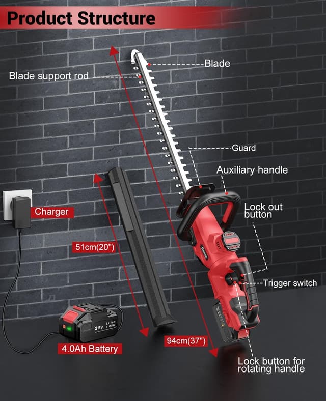 Detalle de Tagliasiepi a batteria 21V con lama 51 cm e batteria 4,0Ah (taglio 16 mm) regolabile a 180°