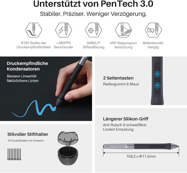 Detalle de HUION Inspiroy 2 L Grafiktablett (tragbar) mit 8192 Stufen und batterielosem Digitalstift
