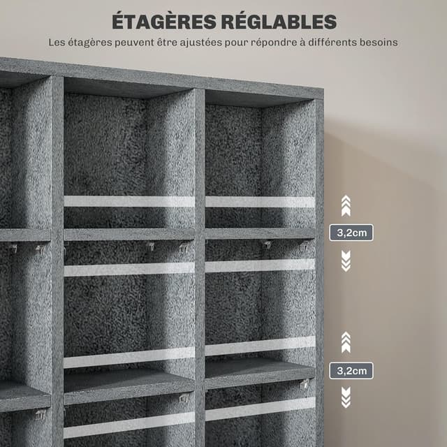 Detalle de HOMCOM Meuble de rangement multimédia pour CD/DVD avec 24 compartiments et étagères réglables, 89 x 20 x 130,5 cm, gris