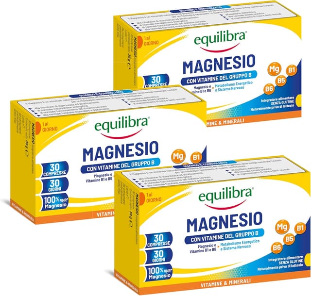 Detalle de Equilibra Integratori Alimentari Magnesio con Vitamine del Gruppo B (B1, B5, B6) – Integratore senza glutine, 3 confezioni