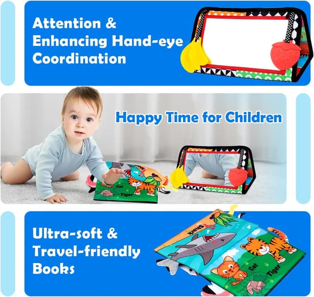 Detalle 2 de Baby Toys 0–6 Months Tummy Time Mirror Toy with Cloth Book (Black & White High Contrast) — Montessori Sensory Infant Set