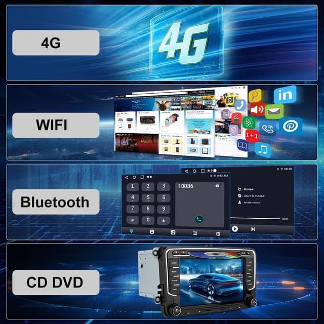 Detalle de Hexinex autoradio 2 DIN Android 7" 4G con CarPlay/Android Auto, 4+64GB e GPS per VW Golf 5/6, Polo, Passat e altri